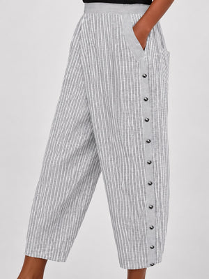 wide-leg pants featuring striped in light blue with Polyester content is at least 90% and less than 95% texture