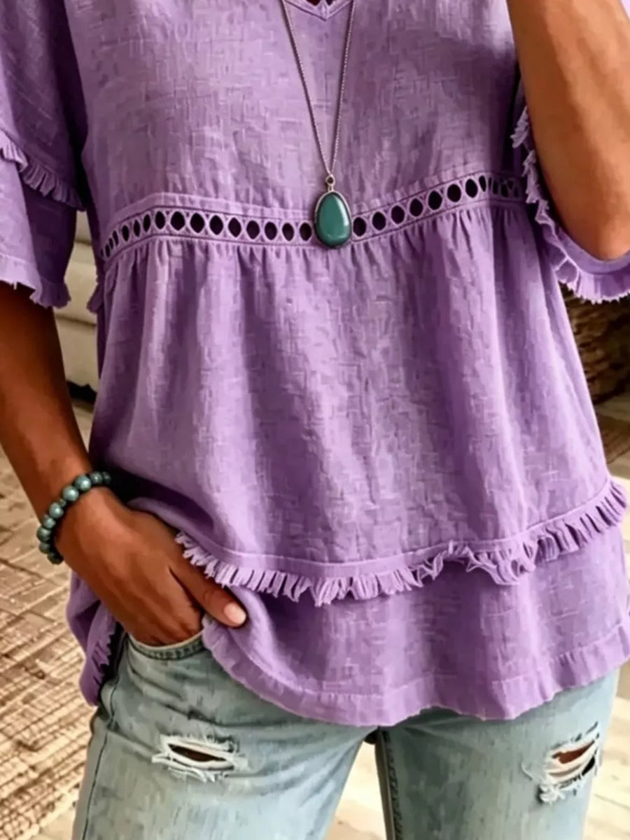 Eyelet V-neck Frayed Edge T-shirt in Lavender