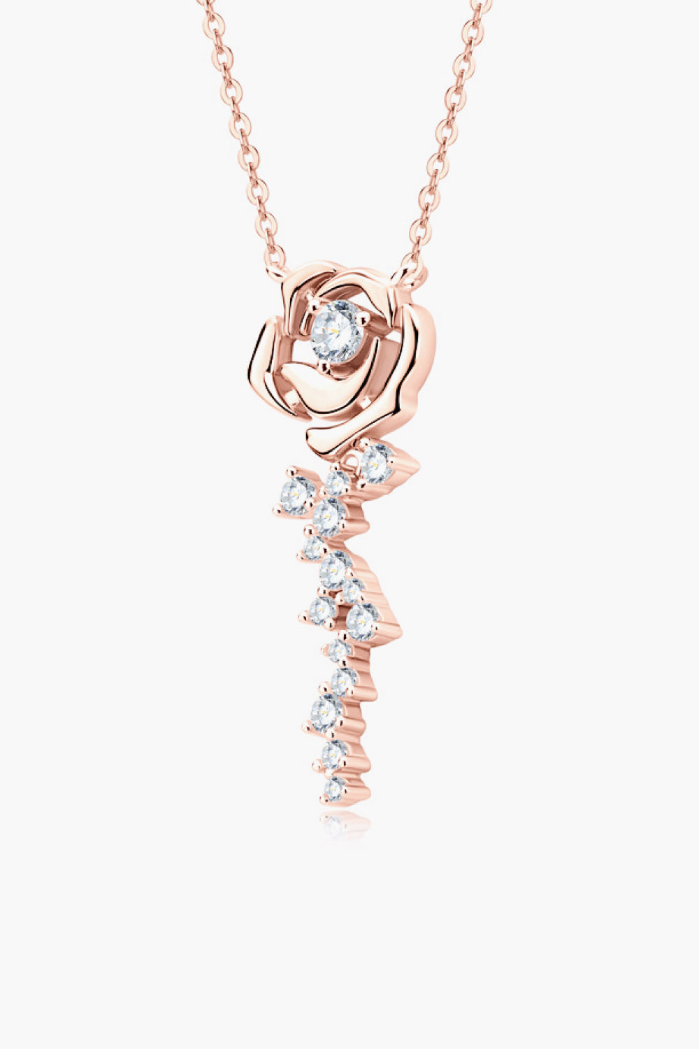 Rose gold necklace with rose pendant and cascading cubic zirconia stones