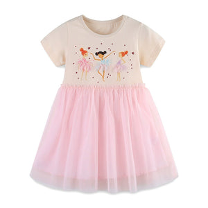 Baby girls' cream cotton dress with ballerina graphic and pink tulle skirt.