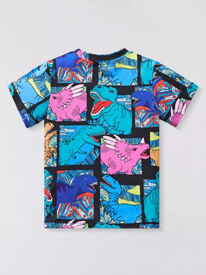 Kids' t-shirt with all-over colorful dinosaur print, short sleeves, crew neck.