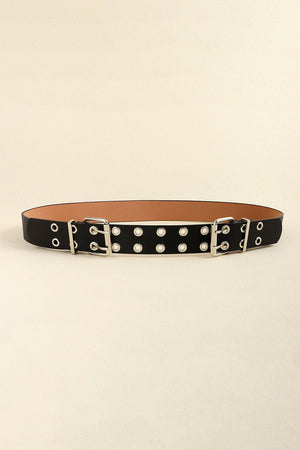 Black double buckle belt with silver eyelets and double grommets
