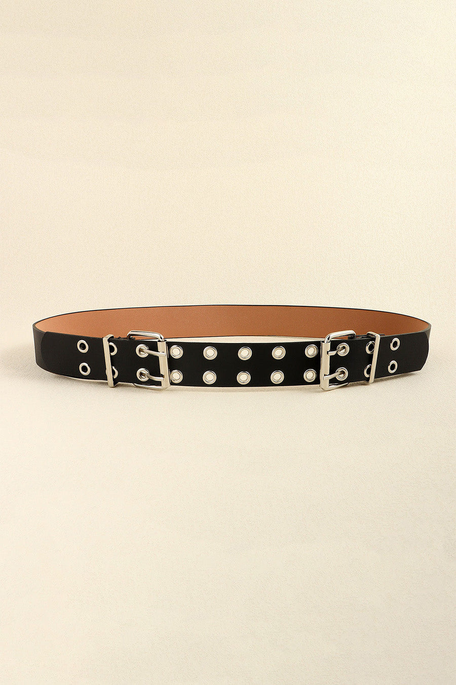 Black double buckle belt with silver eyelets and double grommets