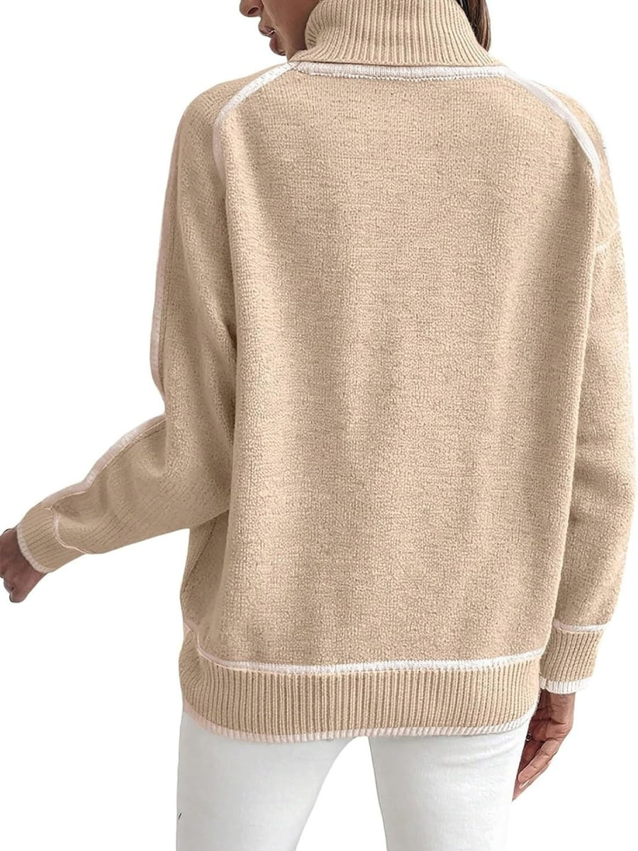 Contrast Trim Ribbed Hem Turtleneck Sweater Plus Size in Dark Brown with contrast trim