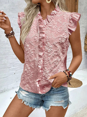 Dusty Pink floral embossed ruffle blouse with frill detail and short sleeves.