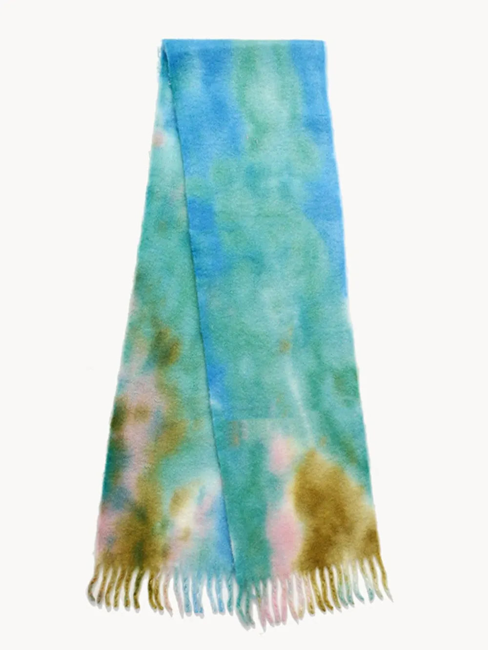 Watercolor wash fringe scarf in pastel blue, brown, and blush pink with a tie-dye pattern.