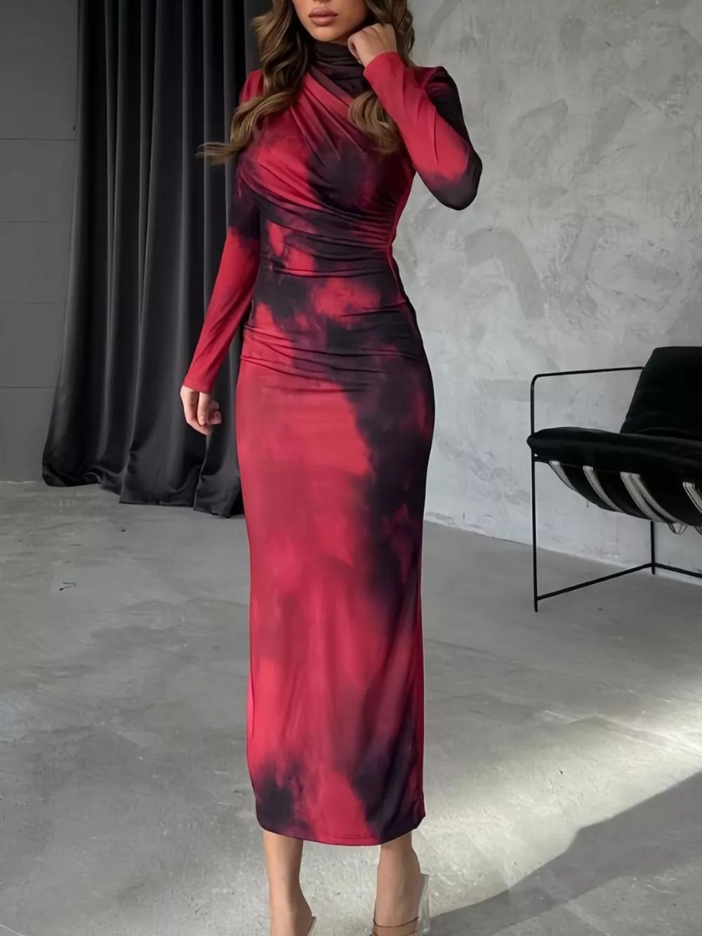 red bodycon dress with tie-dye and mock neck