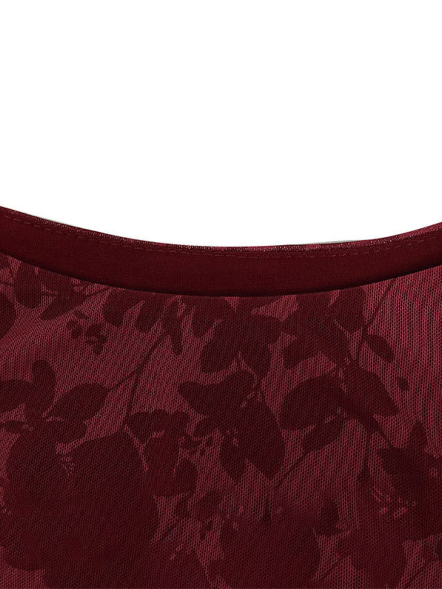 Burgundy floral mesh bodycon mini dress with a crew neck detail.