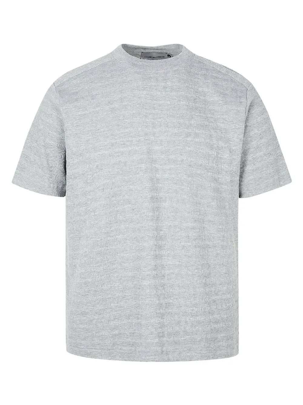 Men's gray textured knit crew neck t-shirt with short sleeves.