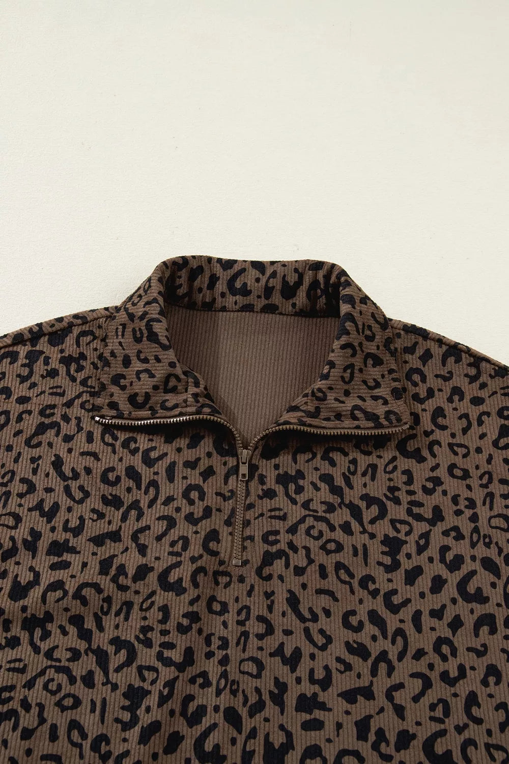 Leopard Print Quarter-zip Sweatshirt in Coffee Brown with zipper
