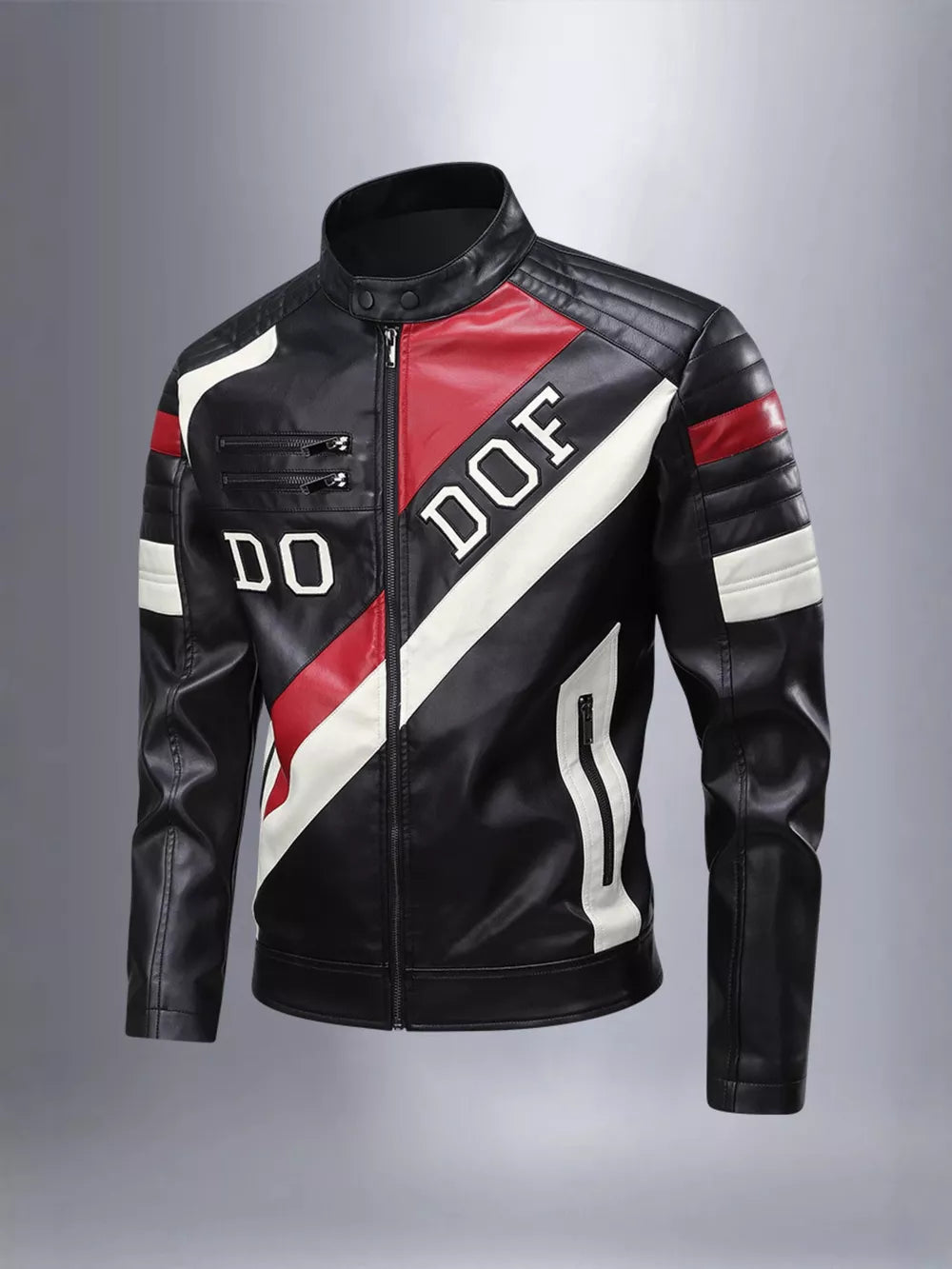 Men's black color block motorcycle jacket with red and white accents and text detail.