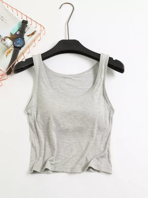 Heather gray modal tank top with scoop neck, on hanger