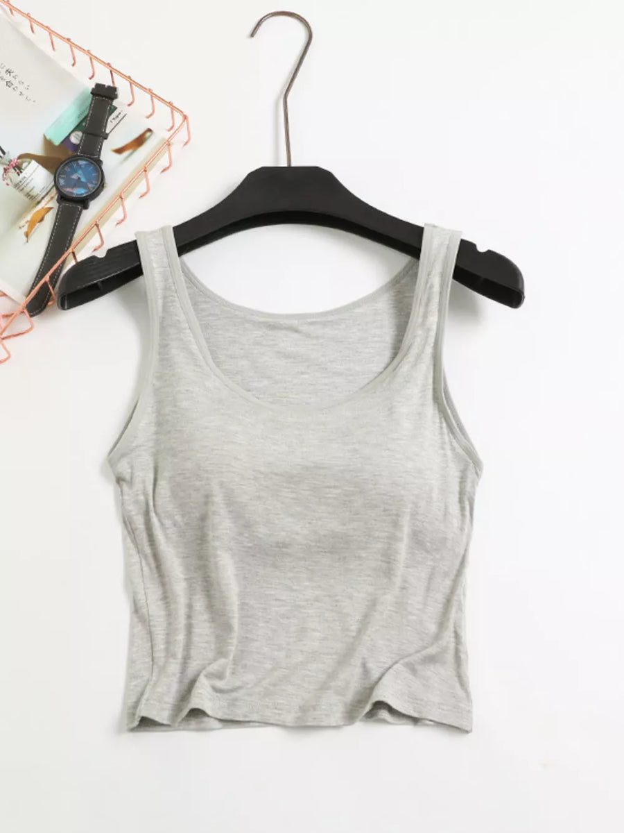 Heather gray modal tank top with scoop neck, on hanger