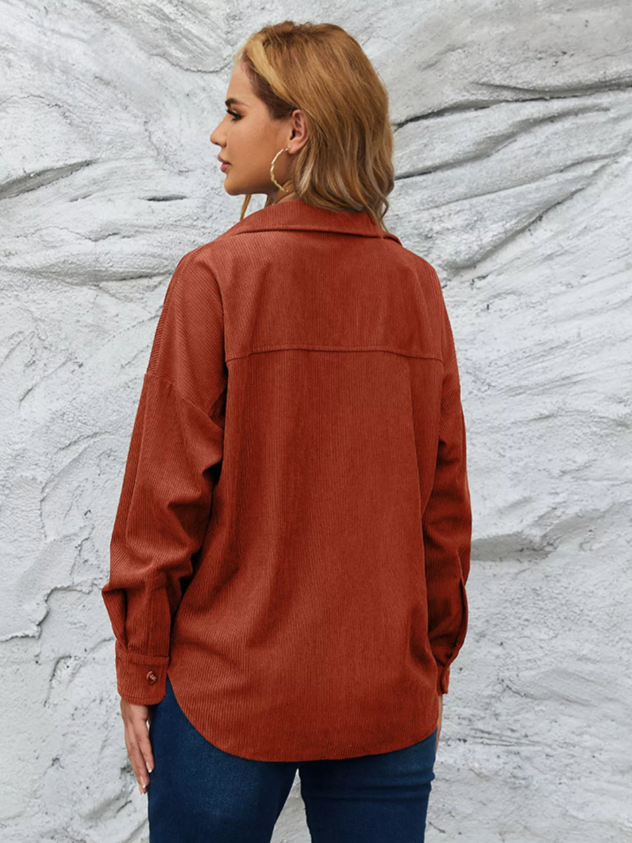Classic corduroy button-up shirt in amber with a relaxed fit and button cuffs.