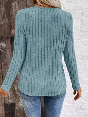 Grey with Ribbed V-neck Long Sleeve T-shirt in Grey