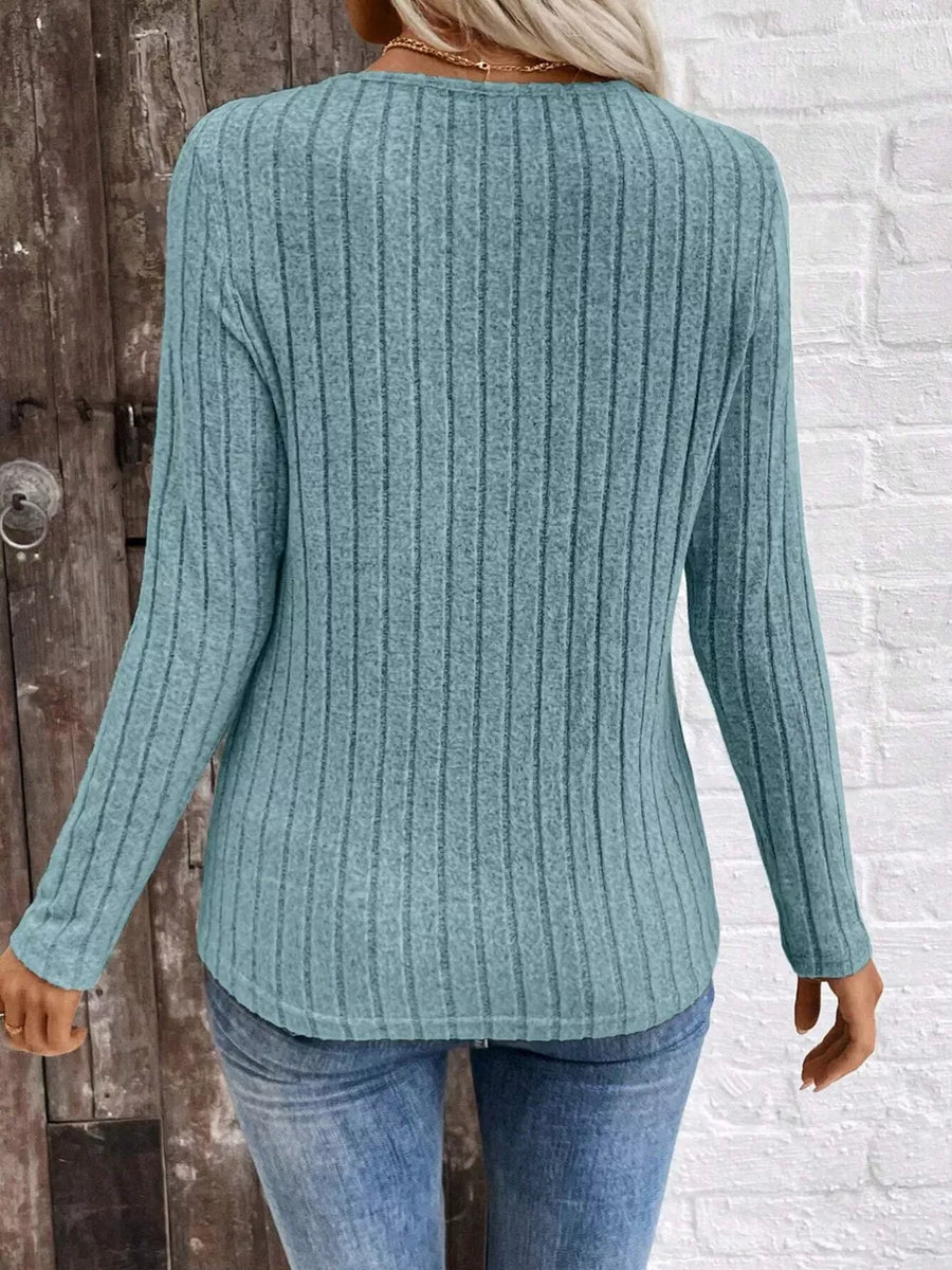 Grey with Ribbed V-neck Long Sleeve T-shirt in Grey