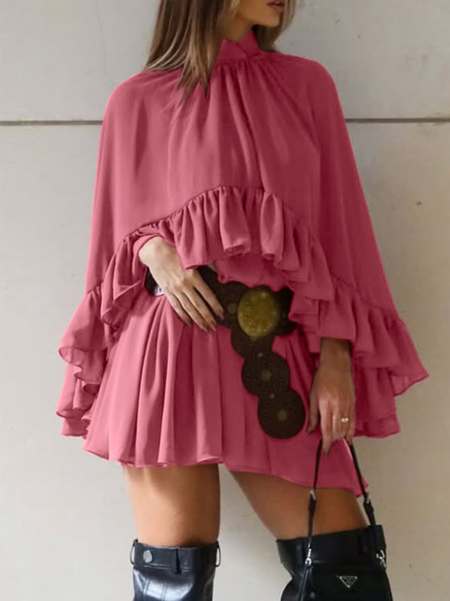 Elegant deep rose mini dress with ruffle trim, high neck, and tiered ruffled sleeves.