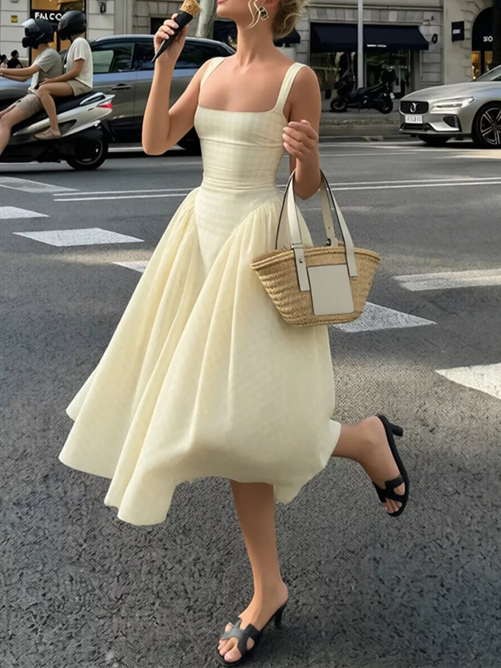 Plaid square neck midi dress in Pastel Yellow with a-line skirt and wide straps.