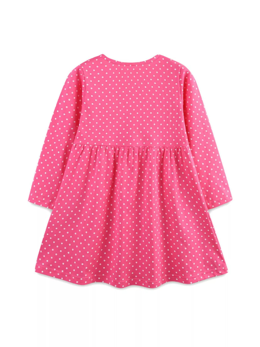 Strawberry polka dot long-sleeve baby dress with gathered waist