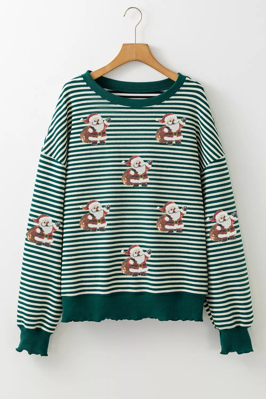 Sequin Santa Christmas sweatshirt in dark green with white stripes, crew neck, and long sleeves.