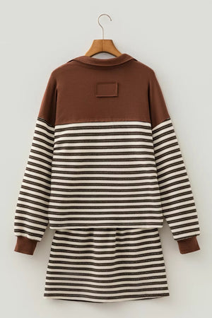 Striped Contrast Trim Button Neck Top & Mini Skirt Set option 8