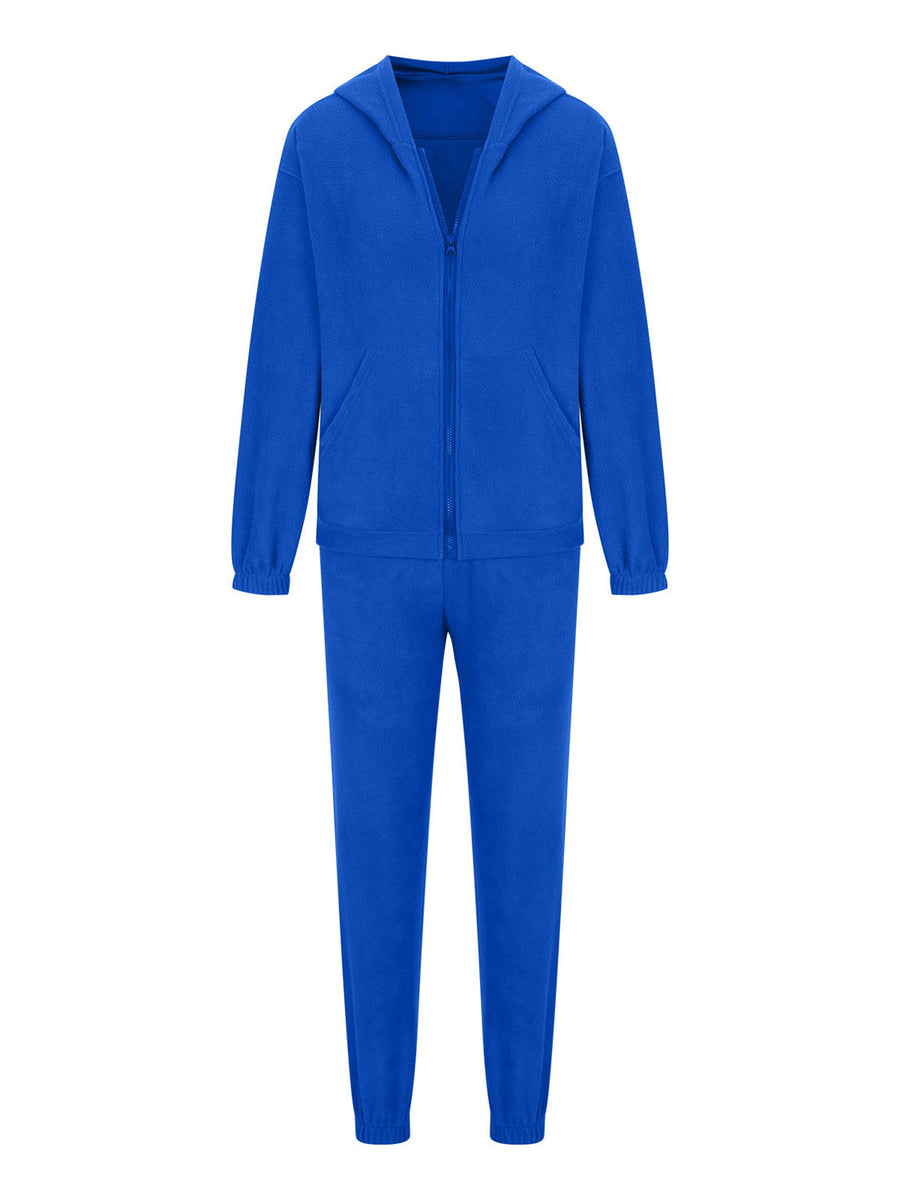 Royal blue fleece hoodie and jogger set with zip front and pockets.