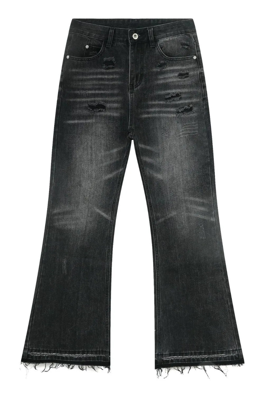 Distressed flare jeans in washed black denim with frayed hems.