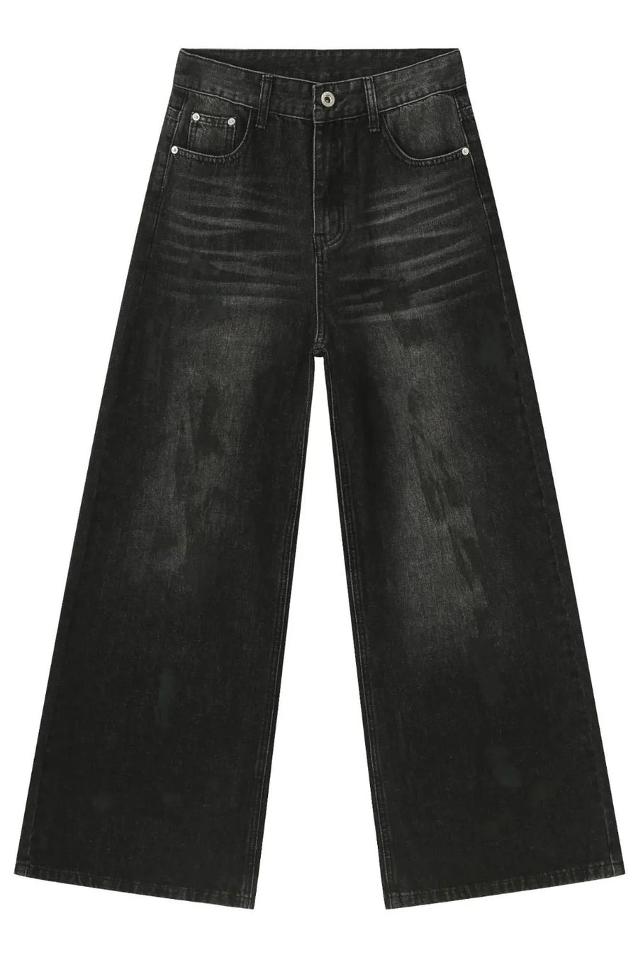 Oversized charcoal wash denim jeans with a wide leg and distressed detailing.