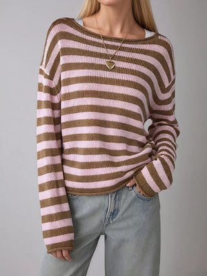 pullover sweater in Coffee Brown with striped and ribbed