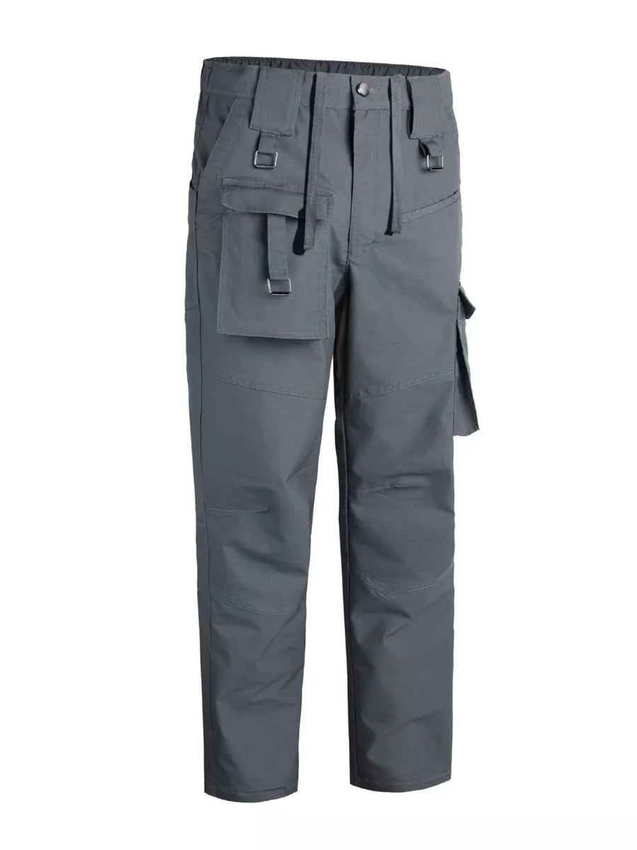 Men's grey functional cargo pants with multiple pockets and buckle details.