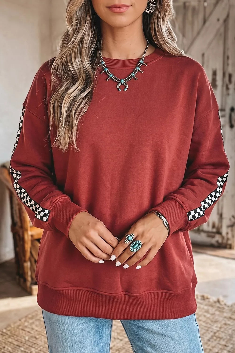 Rust Checkered Trim Long Sleeve Round Neck Sweatshirt