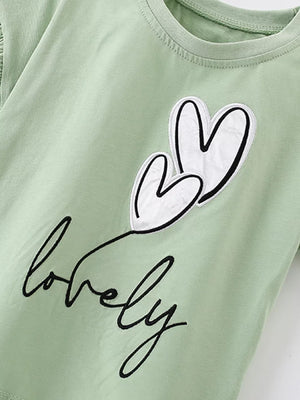 Baby girls' light green cotton blend t-shirt with heart graphic and "lovely" text.