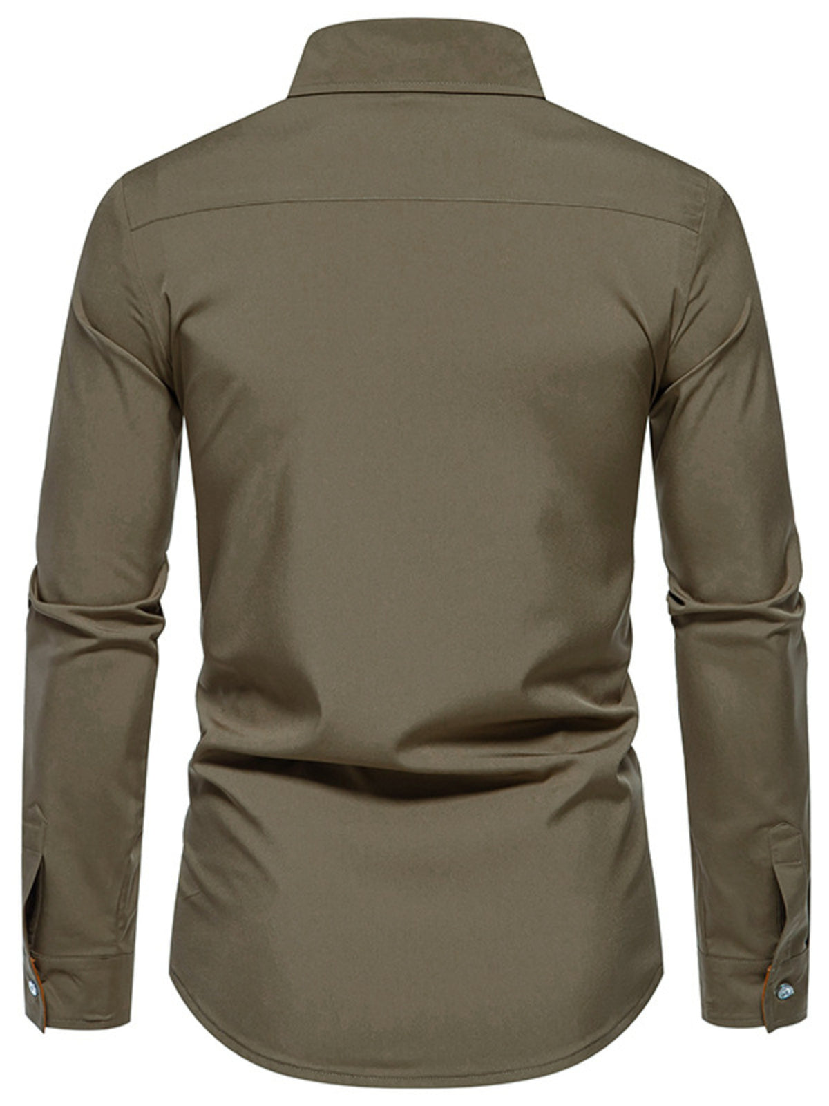 Olive green button-down shirt with contrast trim and buttoned cuffs.