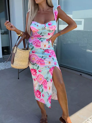 Floral sweetheart midi dress with ruffle straps and a high slit, in pink floral print.