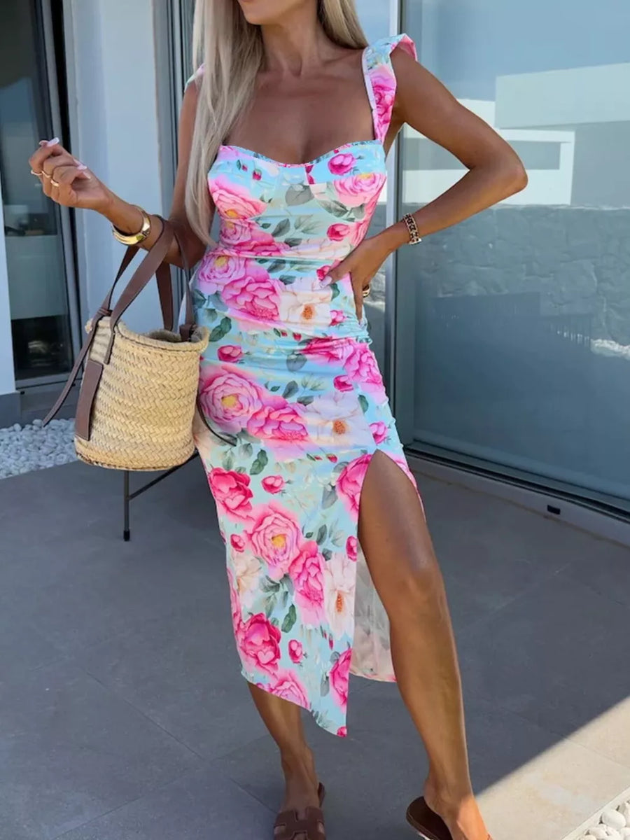 Floral sweetheart midi dress with ruffle straps and a high slit, in pink floral print.