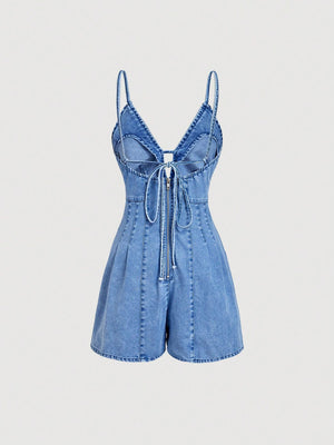 95%cotton,5%spandex Care instructions: Machine wash cold romper in light wash denim blue with fitted silhouette