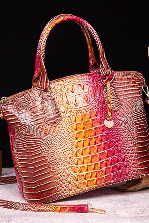 Exotic Crocodile Satchel bag in multicolor gradient with embossed texture and top handles.