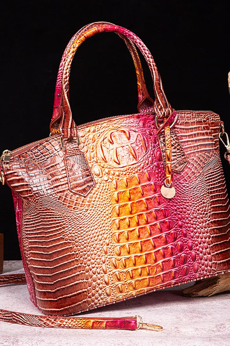 Exotic Crocodile Satchel bag in multicolor gradient with embossed texture and top handles.
