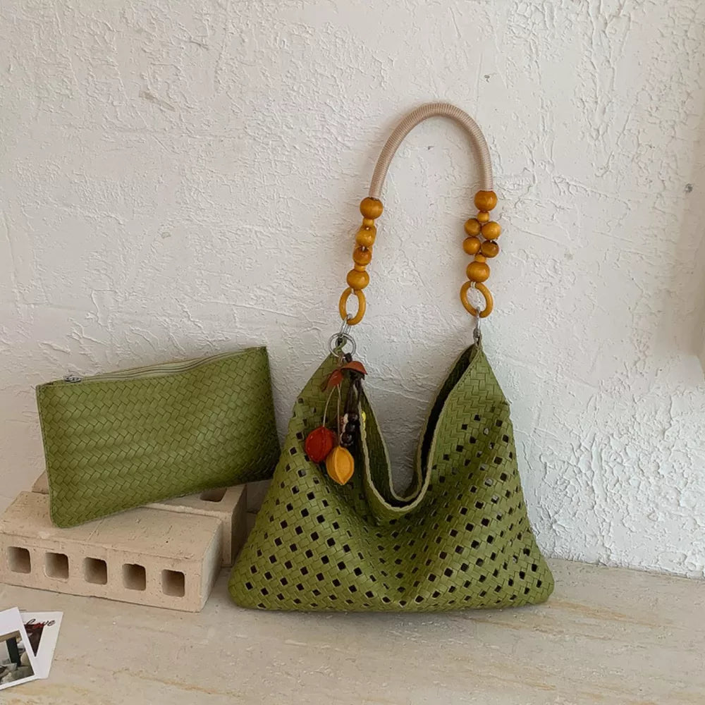 Green Cutout Shoulder Bag With Beaded Handle