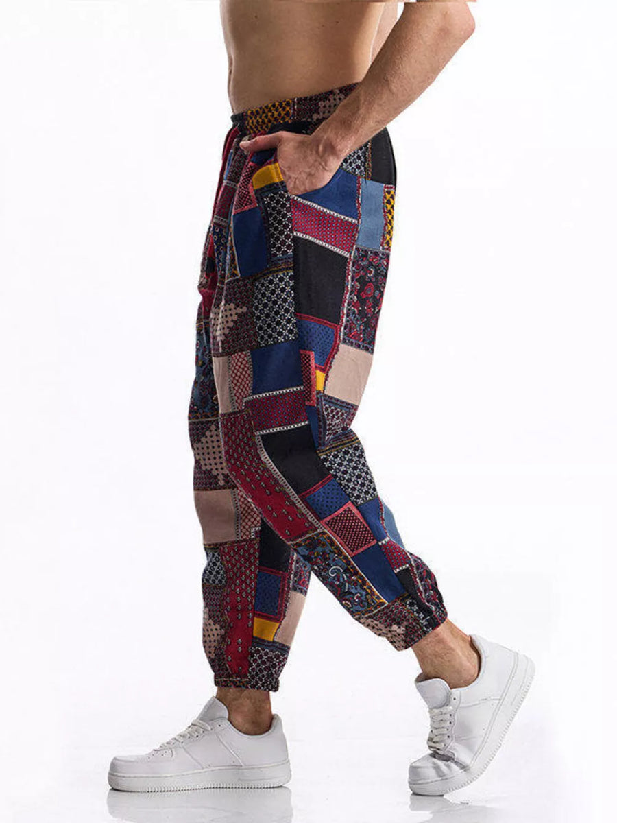 Men's Full Size Printed Drawstring Casual Pants in Red