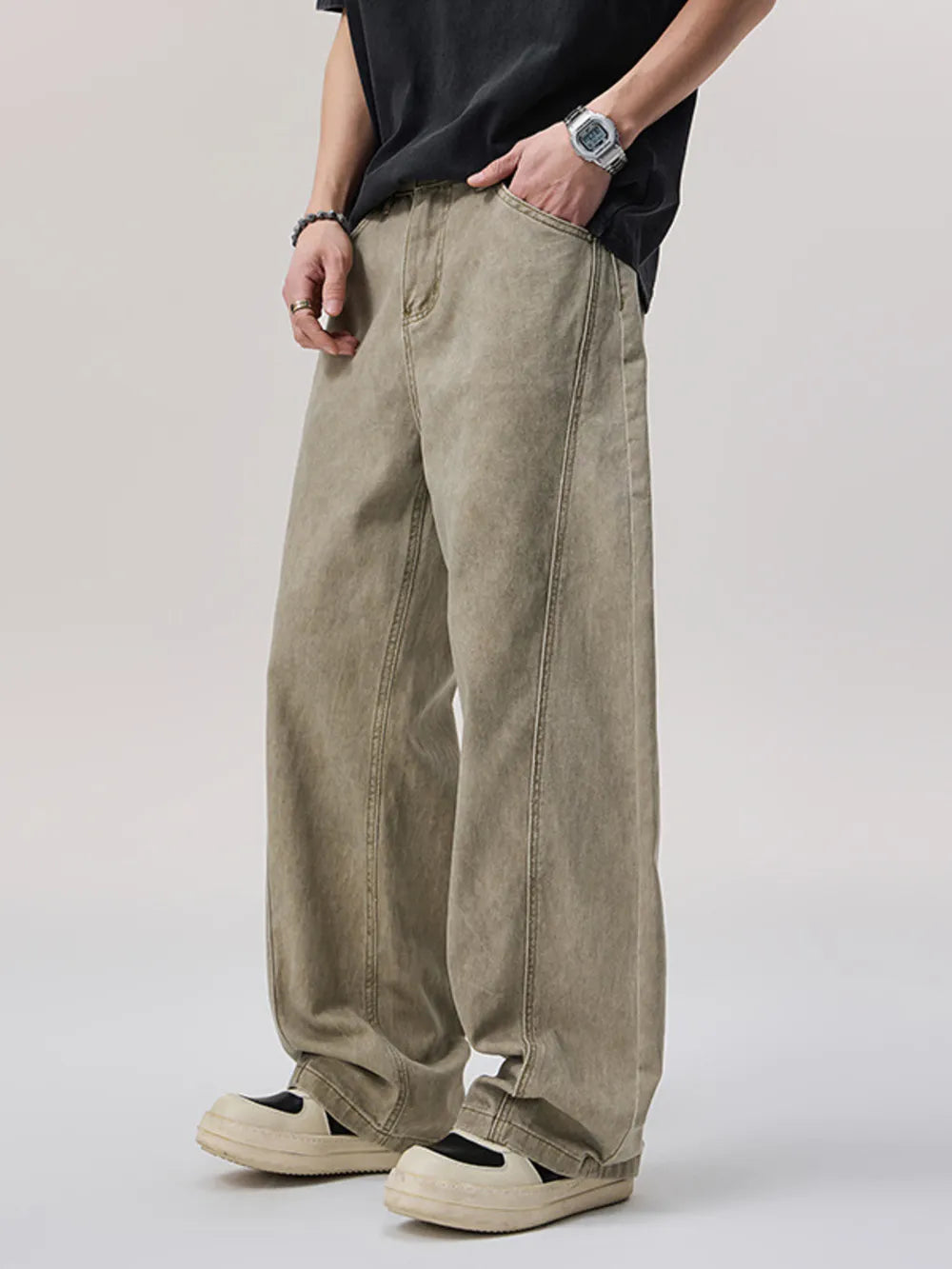 Men's Vintage Wash Wide Leg Pants in Khaki