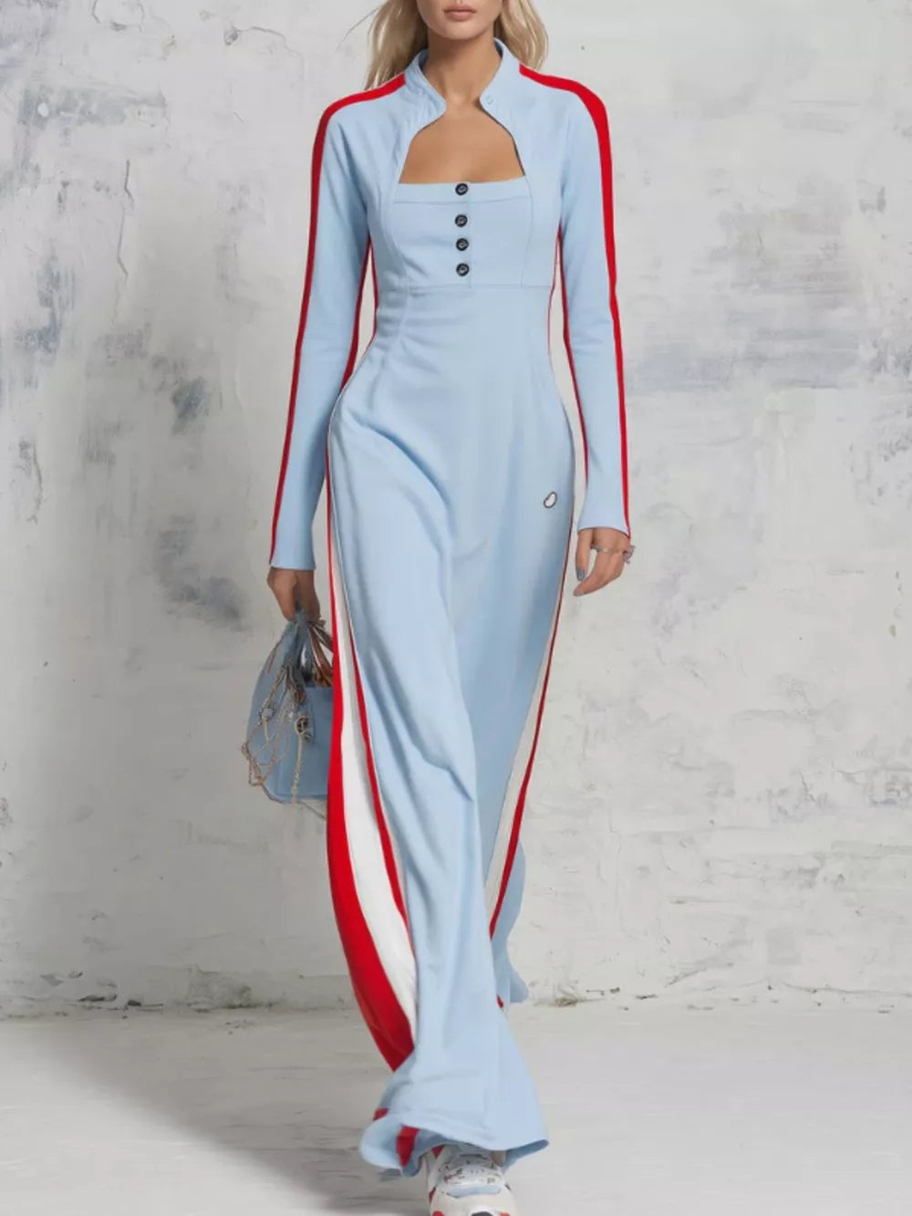 light blue maxi dress with color-block and square neck