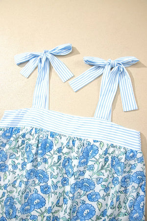 Floral print camisole top with blue striped tie straps and matching shorts set.