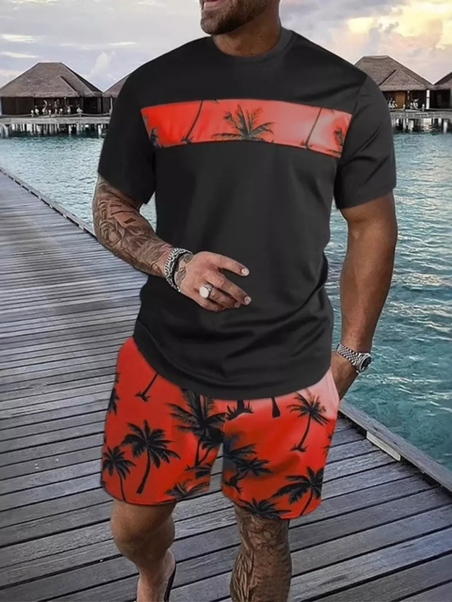 Dark Gray Men's Tropical Palm Tree Tee And Shorts Set