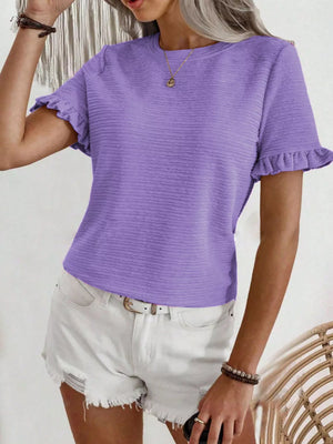 Purple textured t-shirt with ruffle sleeves and crew neck.