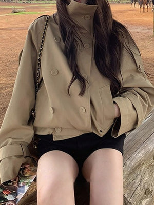 camel trench coat with cropped and button-front