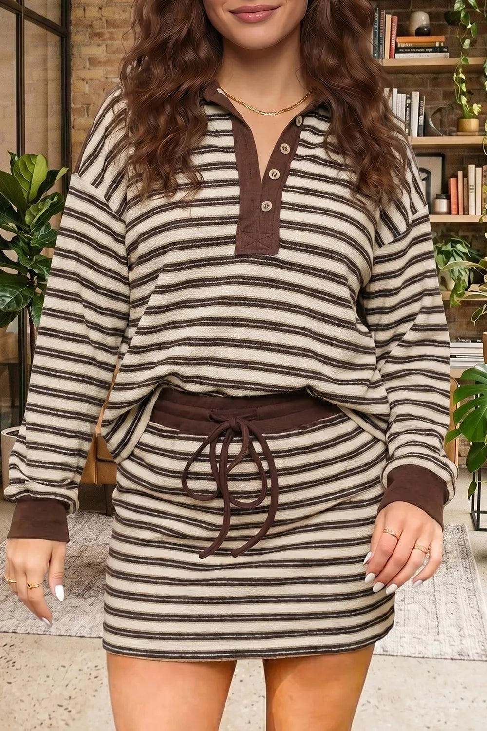 Striped Contrast Trim Button Neck Top & Mini Skirt Set