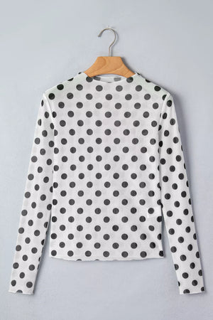 White sheer mesh polka dot mock neck long sleeve maternity shirt