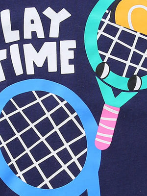 Navy cotton t-shirt with playful tennis graphic and "PLAY TIME" text.