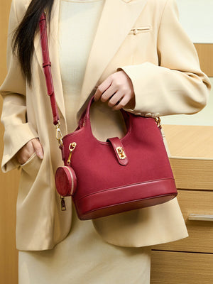 Suede Crossbody Bag With Detachable Coin Pouch in Wine Red with detachable coin pouch